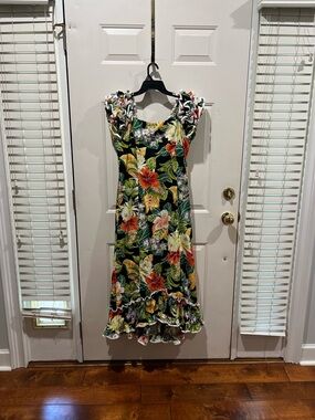 Black Floral Ruffle Maxi Dress with Tropical Print